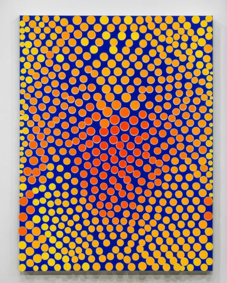 Le Parc  a colorful circular artwork on a white wall abstraccion geometrica, circulos, circles, orange, yellow, red, blue, purple, violet, cockade, escarapela, circular stripes <lora:LeParc_AI_LoRA_XL_v2.0:1>