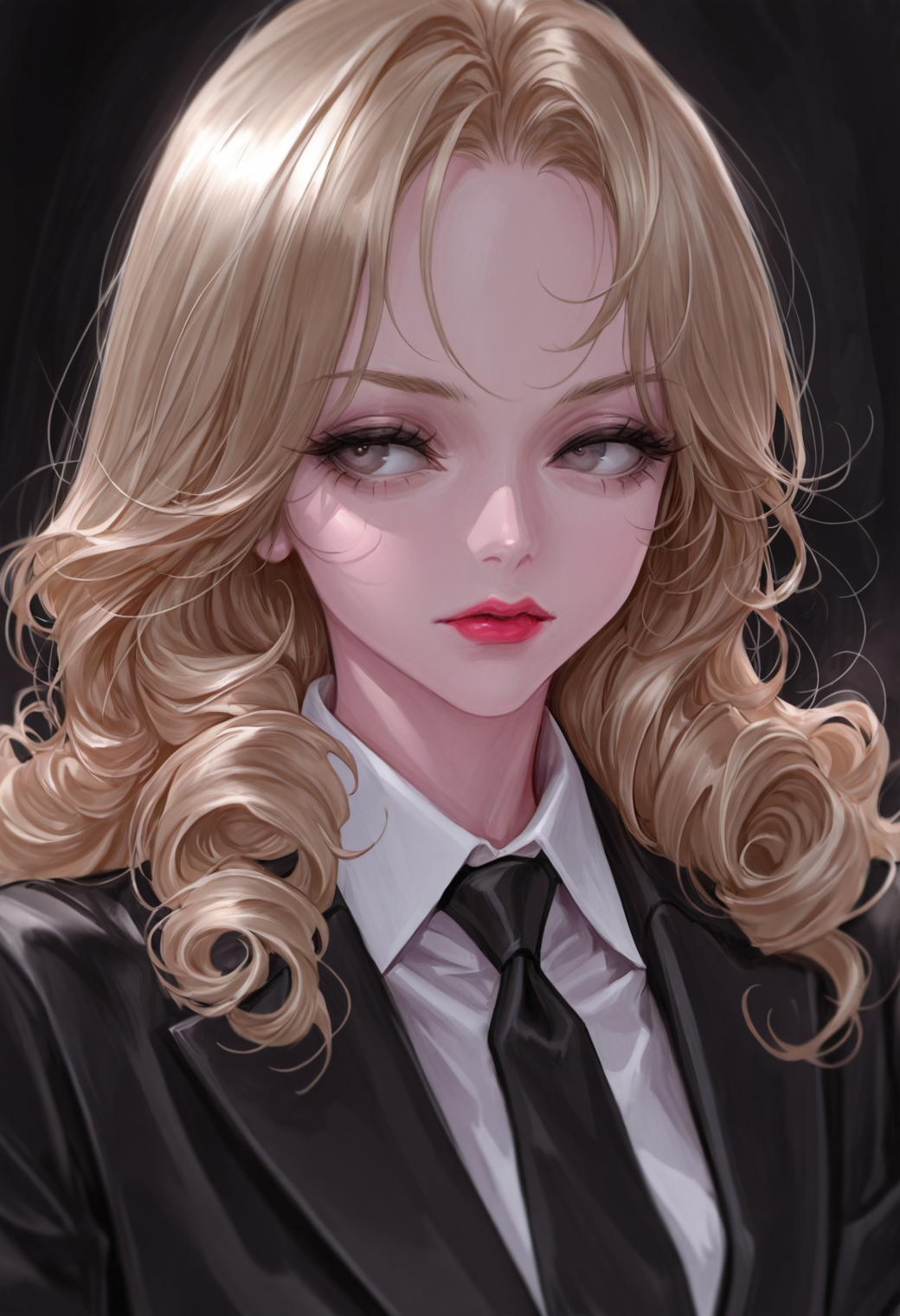 bm94199, 

1girl, upper body, blonde hair, curly hair, parted bangs, long hair, red lips, white shirt, collared shirt, black suit, necktie, looking to the side, looking afar, dark background, 

masterpiece, best quality, amazing quality, 