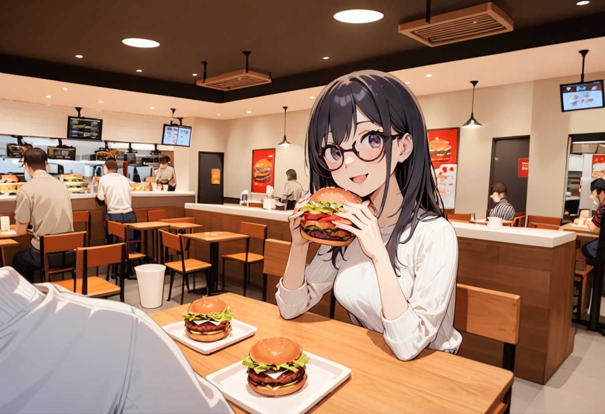 masterpiece, best quality, very aesthetic, absurdres, 
1girl, solo, glasses, black hair, long hair, white ribbed sweater, happy, smile, looking at viewer, open mouth, solo focus, sitting, across table, 
burgerking, scenery, indoors, burger, restaurant, striped shirt, food, multiple boys, chair, shirt, table, cup, sitting, striped, english text, pants, ceiling light
 <lora:burgerking_SDXL_V1:0.8>