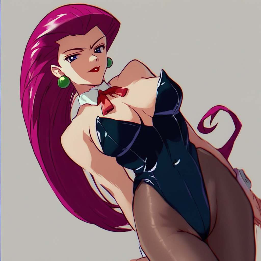 GT4ST3, source_anime,  artist style:Urushihara Satoshi, source_hentai, source_anime,1woman, looking at viewer, facing viewer, score_9, score_8_up, score_7_up, score_6_up, Jessie\(Pokemon\), BREAK, 1girl, solo,  bunnysuit, playboy_bunny, (Jessie from Pokemon), redhead, long hair, perfect face, perfect eyes, sexy, sexy girl, seductive, beautiful eyes, petite body, wide hips, large breasts, posing, dynamic angle, retro_artstyle