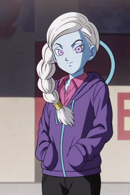 source_anime, score_9, score_8_up, score_7_up, anime screencap,8k, absurd res,
kusu \(dragon ball\), 1girl, solo, side ponytail, single braid, braid, long hair, smile, collared shirt, pink shirt, partially unbuttoned, purple eyes, upper body, white hair, hood down, building, street, purple hoodie, colored skin, city, hands in pockets, blue skin, neck ring, hair over shoulder, v-shaped eyebrows, outdoors,
<lora:kusu_pony_v1:0.8>