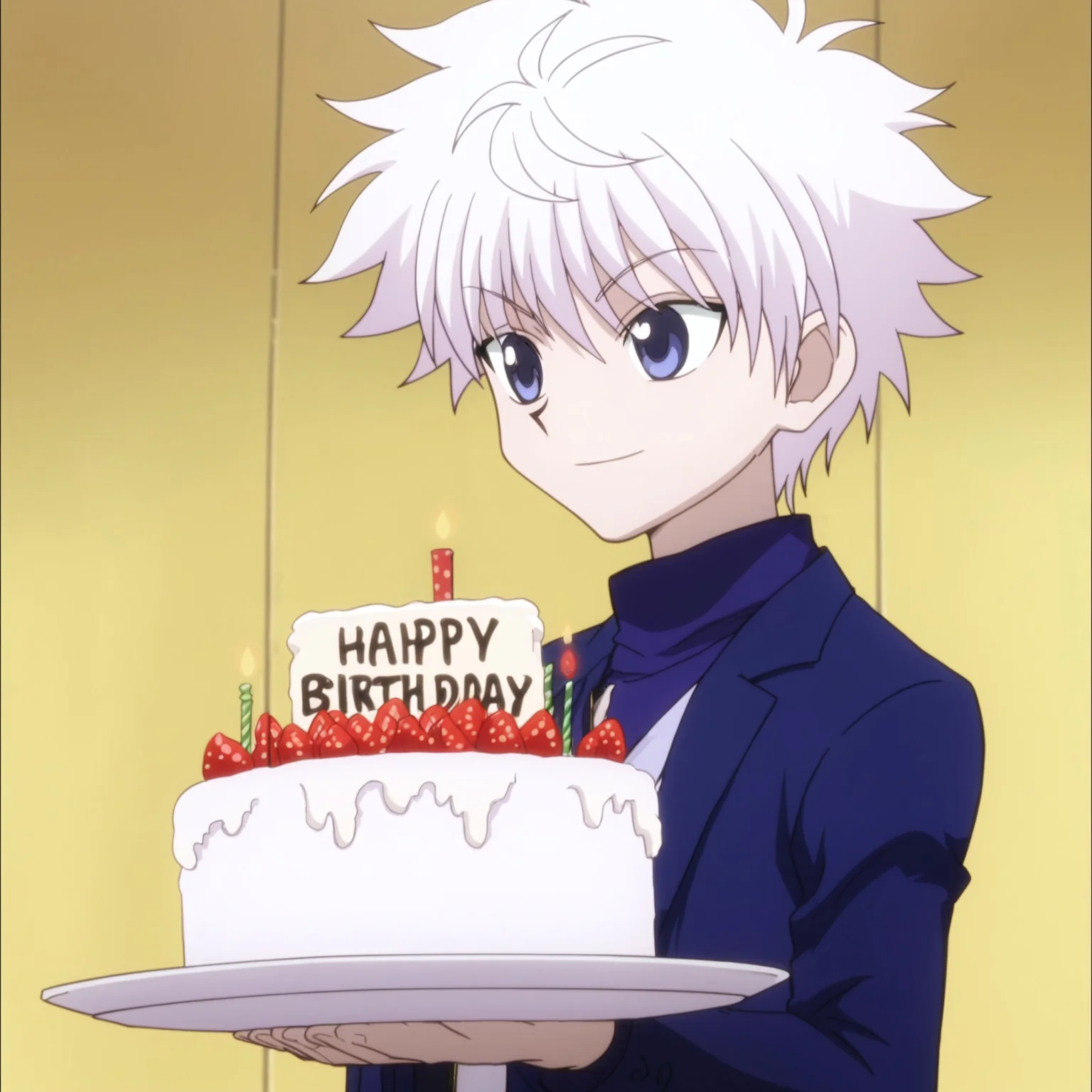 score_9, score_8_up, score_7_up BREAK masterpiece, newest, Highly detailed, zzHoldingCake, cake, birthday cake, happy birthday, 1boy, anime screencap, anime coloring, 1boy, solo, male focus, <lora:killua_zoldyck_pony:0.76>, killua_zoldyck, white hair, blue eyes, blazer, <lora:HoldingCakePDXL:1>