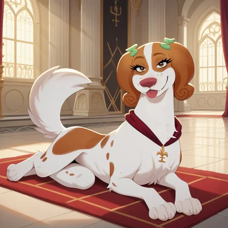 score_9, score_8_up, score_7_up, score_6_up, source_furry, source_cartoon, best quality, masterpiece, absurdres, 
1girl, solo, tanebl, feral, spaniel, female, dog, 
green bow, brown eyes, freckles, bedroom eyes, half-closed eyes, looking at viewer, smile, tongue out, teasing,
full body, lying on side, on floor, from behind, butt toward viewer, big butt, fluffy,
red collar, pendant,
indoors, palace, sunlight, window, curtains, red carpet