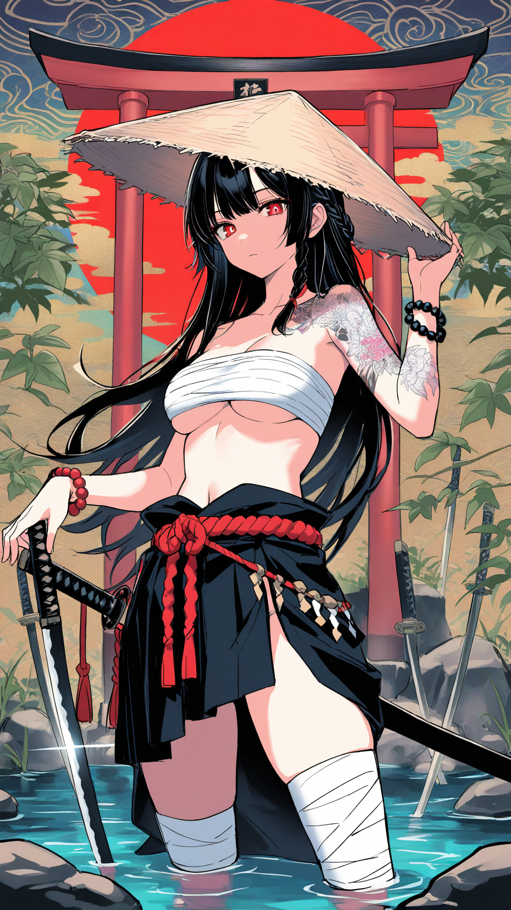 masterpiece, best quality, good quality, very awa, newest, highres, absurdres, 1girl, solo, long hair, breasts, black hair, hat, jewelry, braid, weapon, sword, holding weapon, water, bracelet, tattoo, underboob, leaf, holding sword, bandages, katana, rope, wading, beads, sarashi, straw hat, arm tattoo, torii, bandaged leg, shimenawa, planted, planted sword, hand on hilt, samurai, rope belt, rice hat,
looking at viewer, limited palette, sketch, glowing, psychedelic,4k wallpaper,(masterpiece), best quality, absurdres, high score, great score