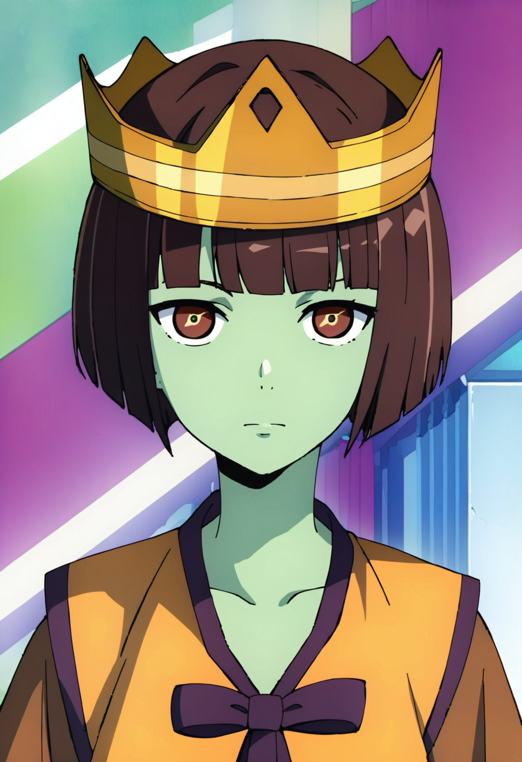 1girl, anakzahard, <lora:anak_zahard_ponyxl_v1:1>, green skin, short hair, bob cut, brown hair, brown eyes, BREAK
vest, bow, collarbone, crown, BREAK
upper body, BREAK
score_9, score_8_up, score_7_up, score_6_up, score_5_up, score_4_up, anime, detailed eyes, (screencap:0.2)