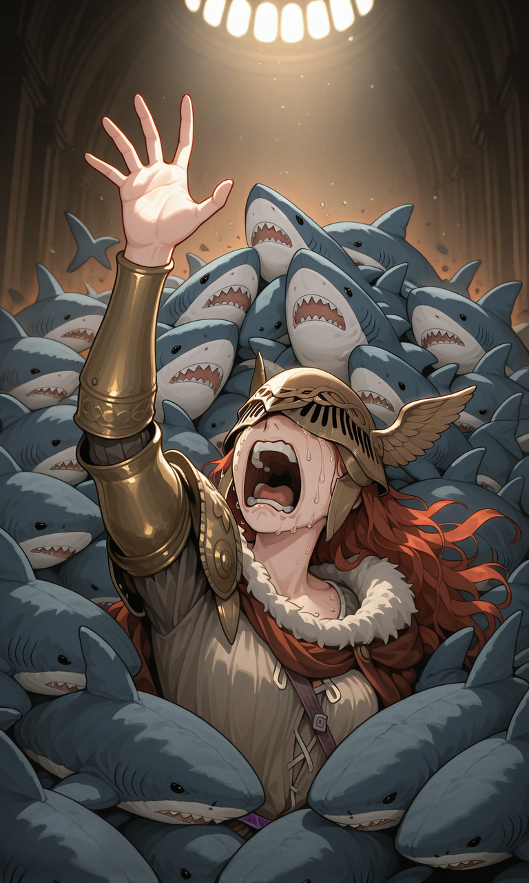 embedding:IllusP0s, scared, reaching, stuffed shark, 1girl, screaming, crying, dramatic, contrast lighting, malenia blade of miquella, winged helmet, covered eyes<lora:blahaj swarm_Illustrious.safetensors:1.0:1.0>