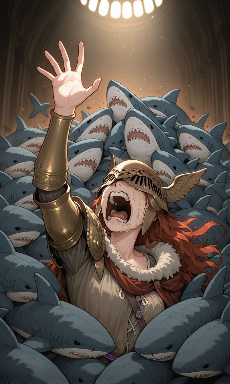 embedding:IllusP0s, scared, reaching, stuffed shark, 1girl, screaming, crying, dramatic, contrast lighting, malenia blade of miquella, winged helmet, covered eyes<lora:blahaj swarm_Illustrious.safetensors:1.0:1.0>