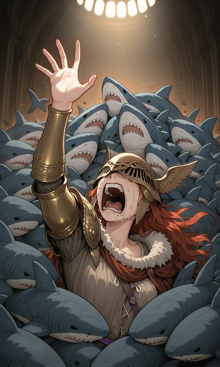 embedding:IllusP0s, scared, reaching, stuffed shark, 1girl, screaming, crying, dramatic, contrast lighting, malenia blade of miquella, winged helmet, covered eyes<lora:blahaj swarm_Illustrious.safetensors:1.0:1.0>
