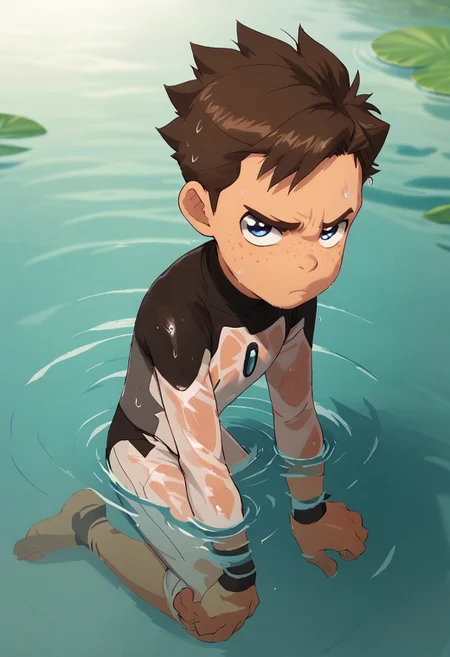 score_9, score_8_up, score_7_up,1boy, solo, cute boy, Koji, Blue Eyes, Brown Hair, Freckles, Bodysuit, annoyed, Official Style, wet, arm support, partially submerged, knees,