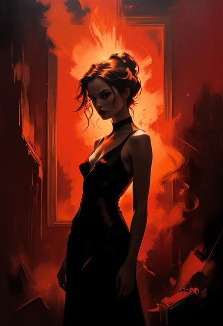 FLAT illustration, 2D, (orange, deep red and black duotone:1.5), (silhouette:0.35) of a (exalted:1.2), (irresistable:1.5), marvelous, female object of desire. (extremely seductive:1.5). perfect lascivious figure, duotone. clean high fashion. dynamic, arrogant inviting pose, dynamic angle. cinematic masterpiece. break the common rules. (((red light glare in dusty morning visual background oil painting erruption. mystic obscure mood.))). highly artistic. washed out. brushy. it's burning. deep inside