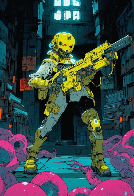 action shot, detailed, face focus, (yellow and white), BREAK 1girl, 25 years old, solo, mecha girl, holding a large handgun, sharp gaze, dynamic pose, legs apart, uniform of white shirt and black skirt, mechanical bodyparts, cyberpunk open helmet, large exoskeleton, BREAK indoors, old castle, pink tentacles on floor, hall with artifacts, (pile_of_books:1.15), surreal library, magic signs, magic energy, old books, candles, dim light,