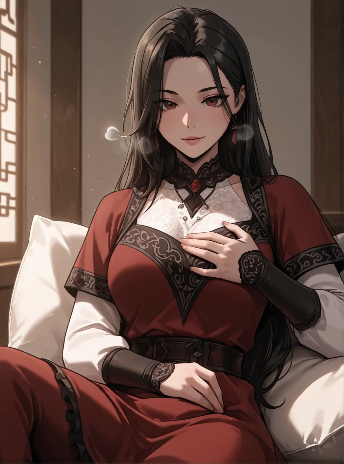 HDR,masterpiece, absurdres, newest, highres, very aesthetic, detailed eyes, fit body, godrays, ambient occlusion, soft lighting, highest quality, (volumetric lighiting:1.1), realistic skin, low lighting, trending on artstation, gothic,
adult, LGSPX, (anime screencap:1.3), anime screencap, Gu Huibi, black hair, long hair, dark red eyes, mature female,
BREAK
dress, reclining leisurely against a pile of pillows, one hand lazily caressing her own breast while the other trails seductively down her stomach, she exudes an air of confidence and sexuality that is simply irresistible
<lora:princess_xl_v2:0.6> <lora:add-detail-xl:0.25> <lora:30_LOL:0.6> <lora:g0th1cPXL:0.4> <lora:Gu_Huibi-000091:0.7>