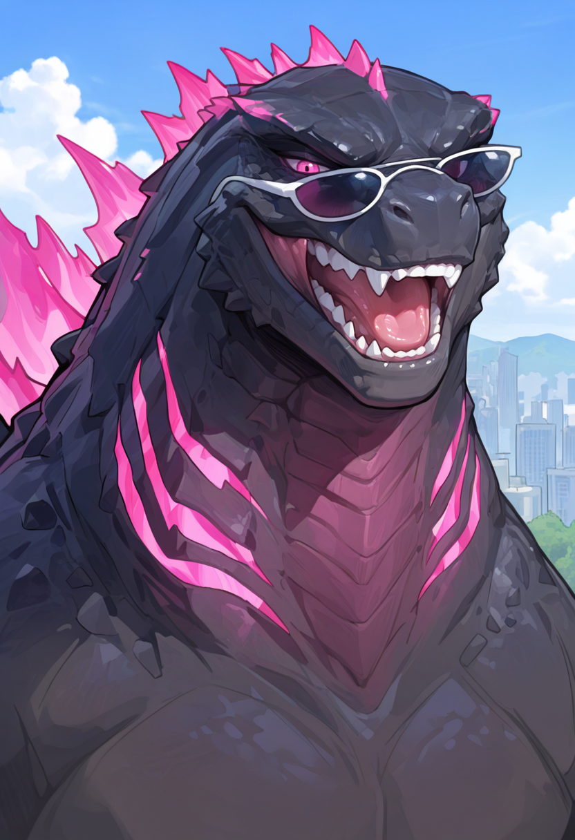 <lora:GxK_Godzilla_a1_4_NoobXL-eps:1>,<lora:EatSleep1111StyleSDXL11:0.7>,<lora:merrytailSDXLstyle:0.3>,eatsleep1111,merrytail,masterpiece,best quality,amazing quality,high quality,very aesthetic,absurdres,newest,shaded,digital media \(artwork\),depth of field,solo,gxkgzla,feral,detailed background,city,pink eyes,pink spines,smirk,sunglasses,three-quarter view,portrait,