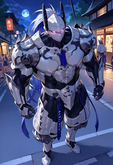 zPDXL3,score_9, score_8_up, score_7_up,(detailed body, detailed background, perfect hands, perfect anatomy, masterpiece, high quality, best quality), solo,male focus,source_anime,minamoto_no_tametomo,helmet,armour,(glowing eyes:0.9),muscular,bara,in street,japanese style night,sakura,view from above