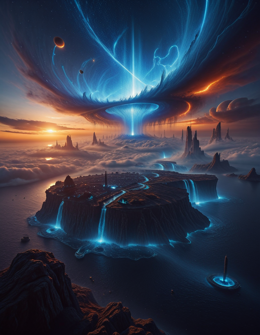 <lora:Space_Worlds_Minis_4:1.0> swminis4all, swminis4, n1, n3, n0, beautiful giant blue glowing waves, lots of wind, fire storm, island, waterfalls