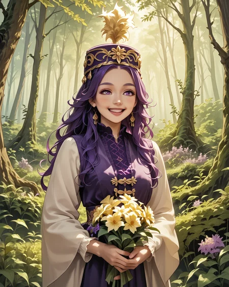 score_9, score_8_up, score_7_up, 1girl, wearing kazfa, waist-up, purple hair, long hair, gold accents, holding a bouquet, happy, serene, enchanted forest, light blush, masterpiece, highest quality, absurdres, (detailed,best quality:1.1), detailed face, detailed hair, <lora:KazakhFashionXL:1.2>, <lora:OtherStyle_08-Merge5_06_04_02_02:1>