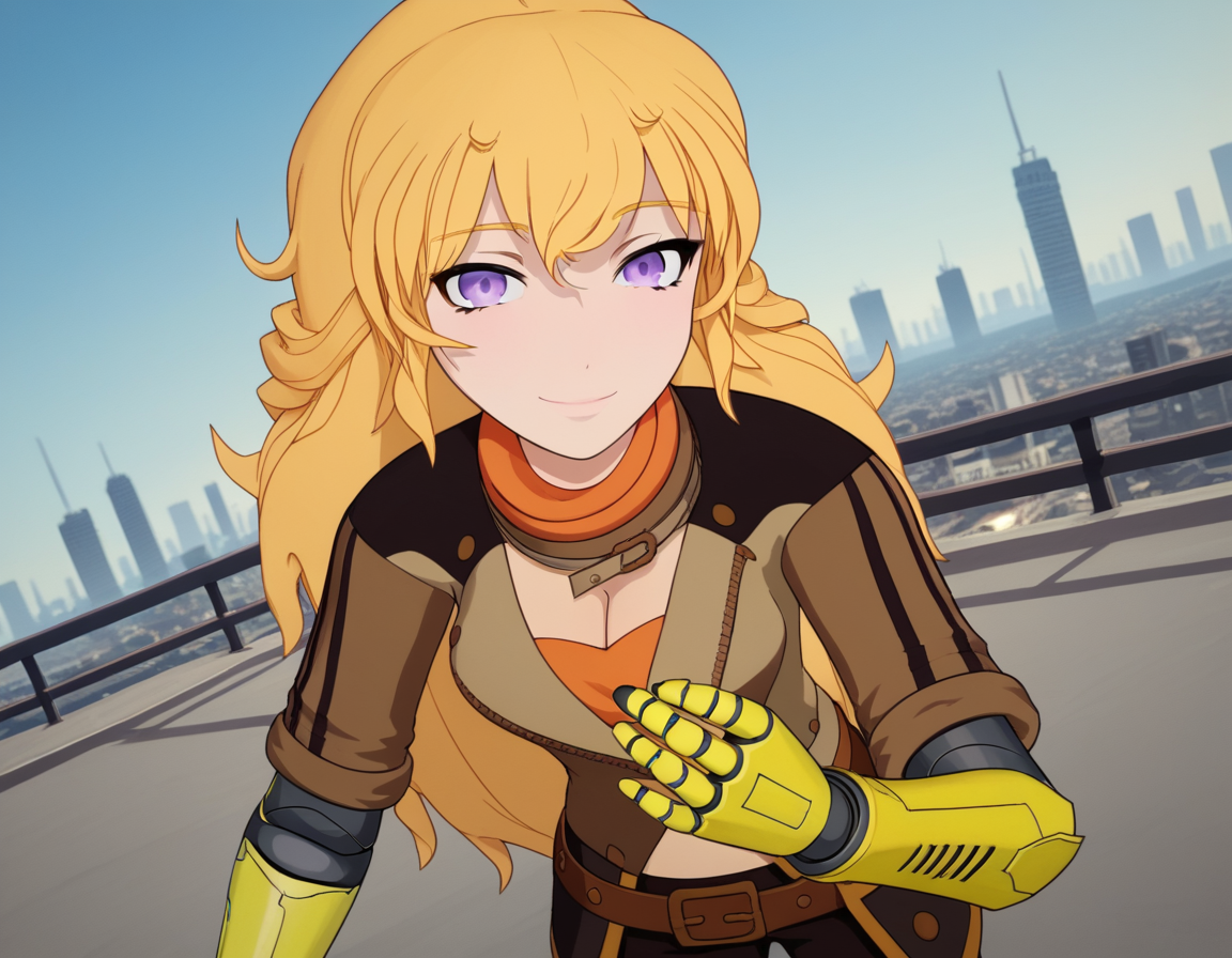 score_9, score_8_up, score_7_up, source_anime, <lora:yang-xiao-long-ponyxl-lora-nochekaiser:1>, yang xiao long, long hair, blonde hair, purple eyes, ahoge, bangs,, cleavage, jacket, belt, mechanical arms, single mechanical arm, prosthesis, prosthetic arm,, cityscape, street, bent over, smile, looking at viewer, solo, cowboy shot, dutch angle