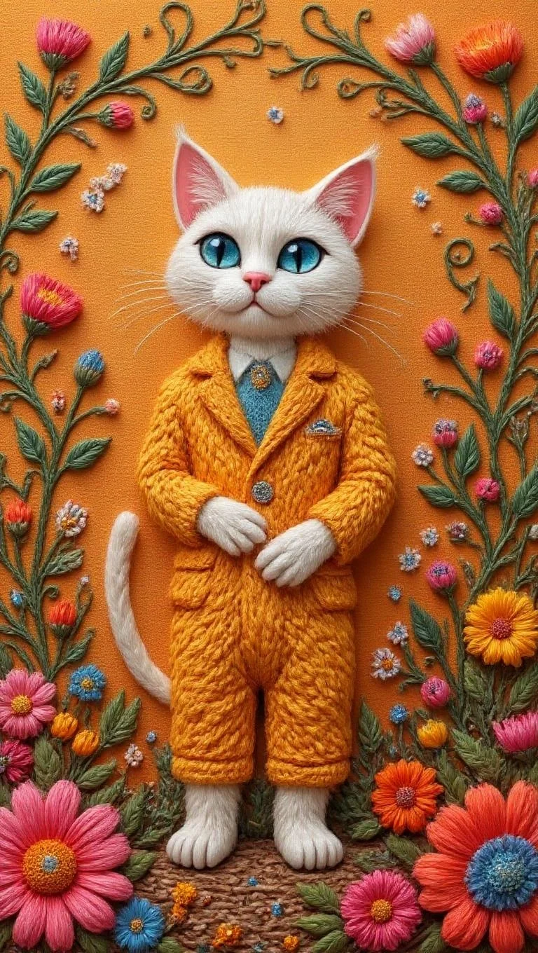 <lora:YarneyYarnYarnv2.safetensors:1>
In the heart of a cozy, vibrantly lit room, a whimsical anthropomorphic white feline stands with an air of elegance and charm. The cat, an older adult with a gentle, wise expression, is dressed in a stylish, fur-trimmed suit that cascades in soft, luxurious layers. The suit, a blend of rich yellows and oranges, is adorned with colorful gems that sparkle like tiny, playful rainbows, catching the light and casting gentle glimmers across the room. The cat's glowing blue eyes, large and expressive, stand out against the warm, fuzzy texture of its fur, creating a striking contrast that draws the viewer in.
The background is a bustling, dreamlike scene filled with an array of nail polish bottles, each a vibrant hue of yellow, orange, and bright, playful colors. The bottles are arranged haphazardly, creating a sense of cozy chaos, with some bottles tipped over, their contents spilling out in rich, velvety streams. The floor is a tapestry of woven rugs, each one a unique blend of soft, tactile textures and intricate patterns. The walls are painted with a warm, golden hue, and occasional bursts of bright, playful colors add a sense of whimsy and joy.
Soft, layered lighting fills the room, casting gentle shadows that dance and weave through the intricate details. The lighting highlights the furry textures of the cat's suit and the soft, fuzzy materials around the room, creating an inviting and cheerful mood. The entire scene is infused with an undercurrent of surrealism, as if the cat is a character in a cozy, textured world filled with nostalgia and unapologetically lively colors. The atmosphere is warm, approachable, and deeply comforting, inviting the viewer to step into this dreamy, vibrant world.