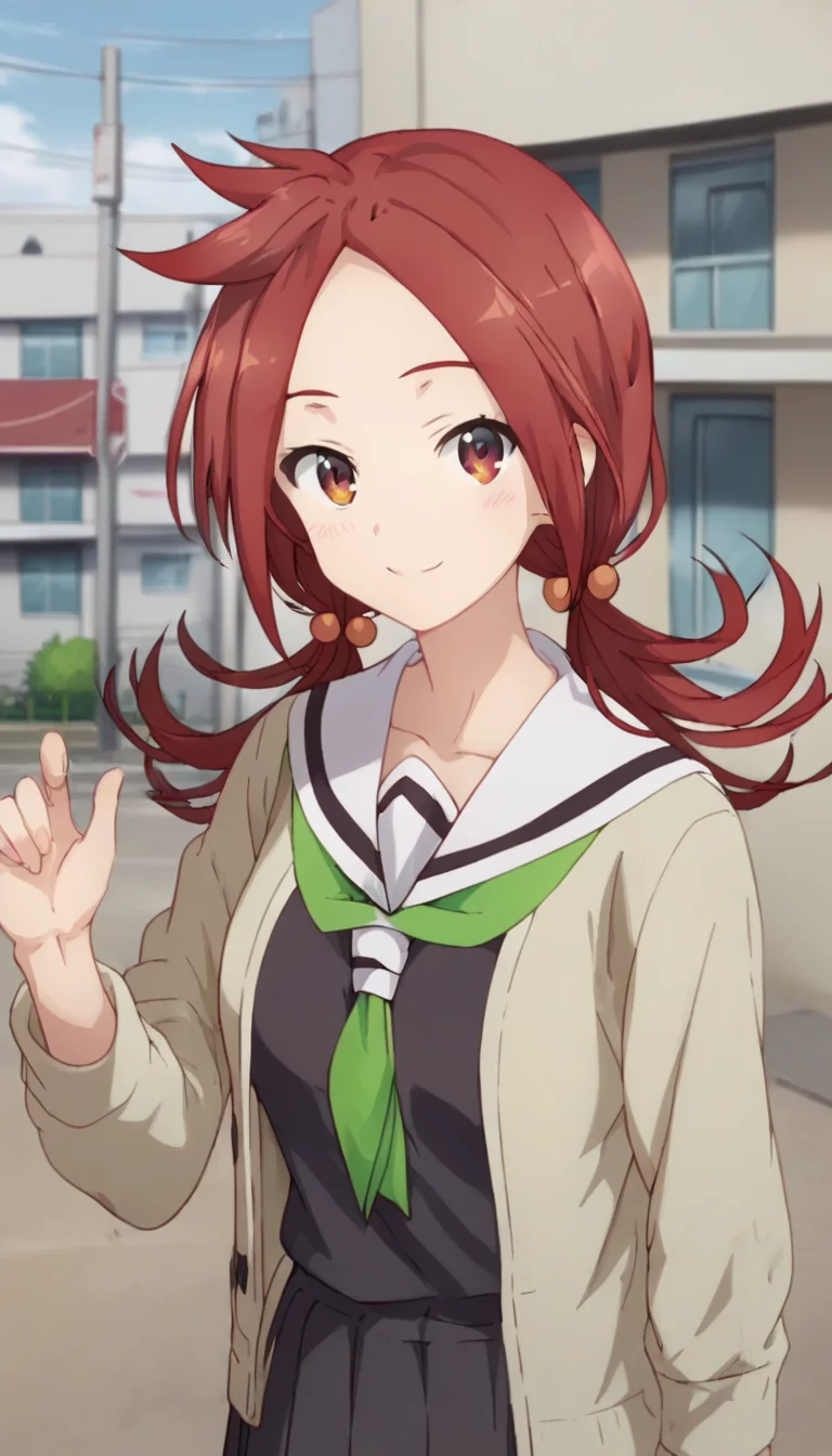 score_9,score_8_up,score_7_up,score_6_up BREAK official art,solo,outdoors,upper body,(portrait:1.5),looking at viewer,facing viewer,smile,blush,Enjo Hiro,long hair,red hair,twintails,hair ornament,hair bobbles,forehead,parted bangs,red eyes,school uniform,beige cardigan,white sailor collar,black shirt,green neckerchief,long sleeves,medium breasts,miniskirt,black skirt,pleated skirt,black socks,loafers,<lora:Enjou Hiro(dhh)-Pony:1.6>,