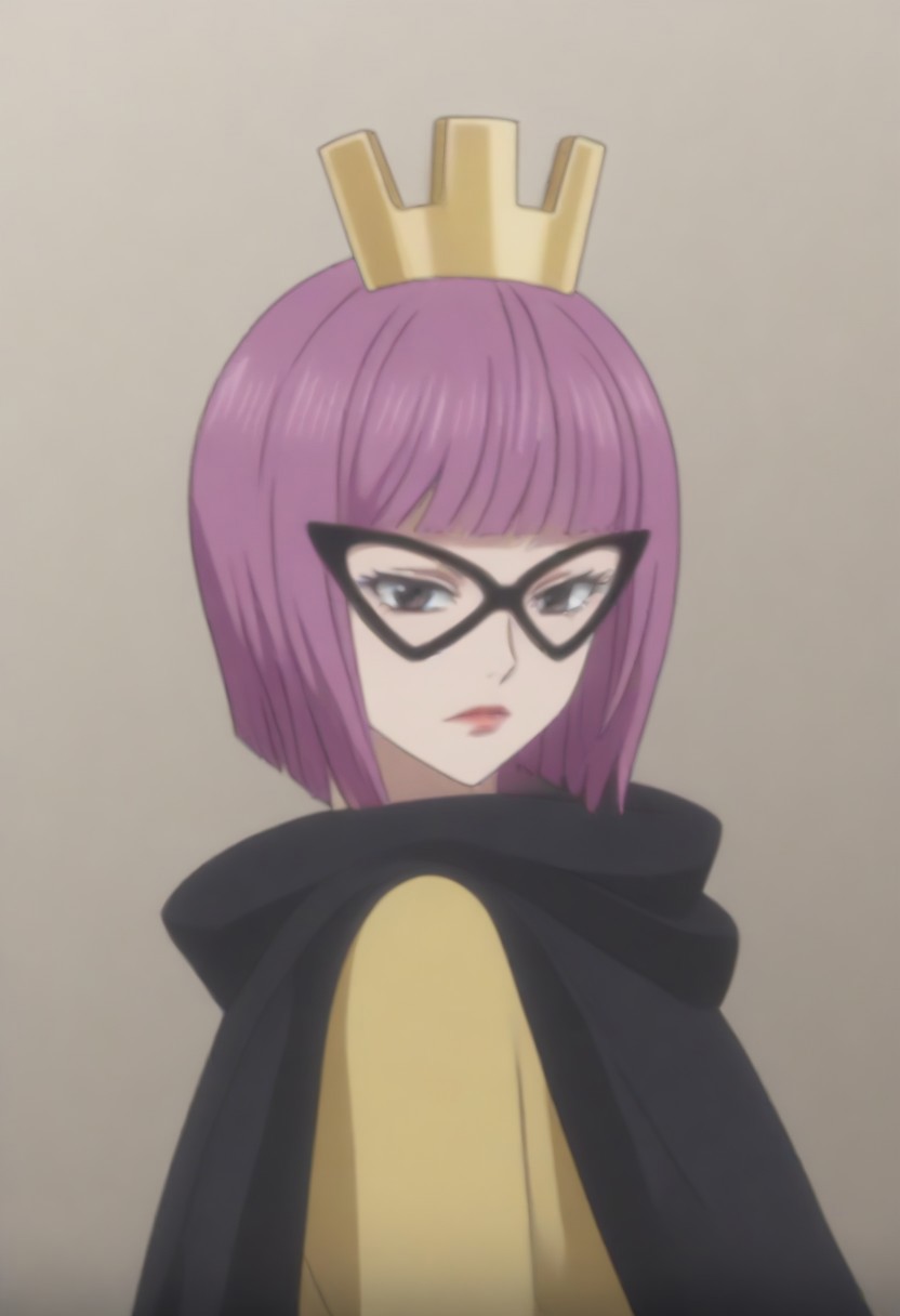 source_anime, anime screencap, source_anime, auratheguillotine, anime screencap, masterpiece, source_anime, shiny skin,,, KinderellaOP, 1girl, solo, tall woman, pink purple hair, bangs, bob cut, black eyes, lips, red lipstick, crown, long yellow dress, cleavage, dress with cutout, dark cape, wide hips, long light-colored gloves, eye-mask,