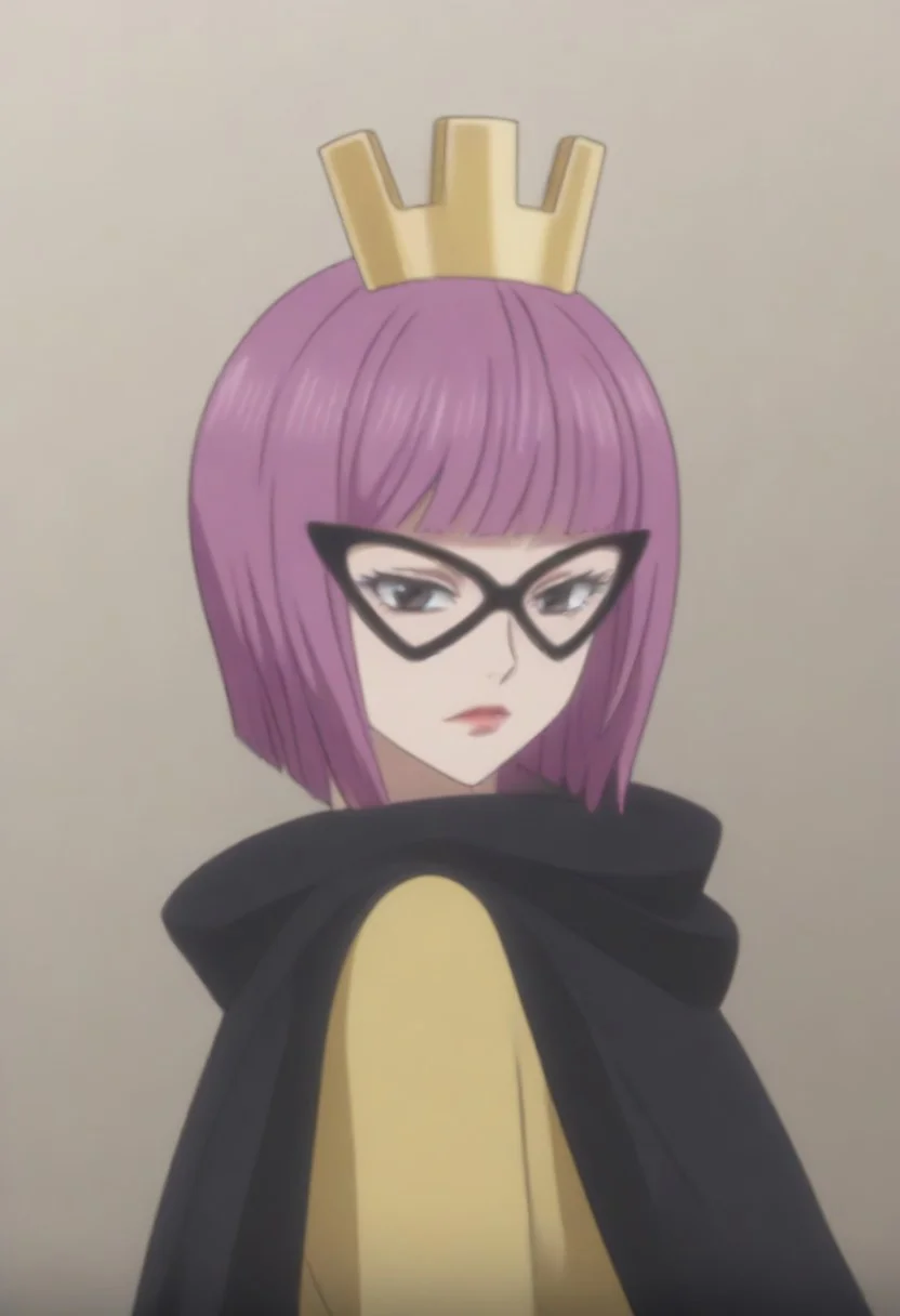 source_anime, anime screencap, source_anime, auratheguillotine, anime screencap, masterpiece, source_anime, shiny skin,,, KinderellaOP, 1girl, solo, tall woman, pink purple hair, bangs, bob cut, black eyes, lips, red lipstick, crown, long yellow dress, cleavage, dress with cutout, dark cape, wide hips, long light-colored gloves, eye-mask,