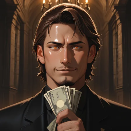 masterpiece, best quality, amazing quality, absurdres, newest, detailed background, definition so sharp, Ultra-HD, 8K cinematic, very awa, impressionate, amazing quality, highres, 
solo, male focus, manly, shadow, shiny skin,
shimonmakusu, shimon_brunette, shimon_orange eyes, 1boy, short hair, stubble, goatee, mature male, aristocrat, gloomy, regal, period_clothing, manor, dark_decor, cryptic_smile, enigmatic, distant, old_money, velvet, silver_fox, shadows, sophisticated
