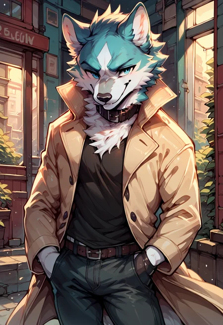 score_9, score_8_up, score_7_up, solo, shirou ogami, bna, 1boy, furry, trench coat, shirt, pants, gloves, collar, cute:1.3, chibi, smug, sly smile, detailed background, looking at viewer, <lora:Shirou_Ogami:1>