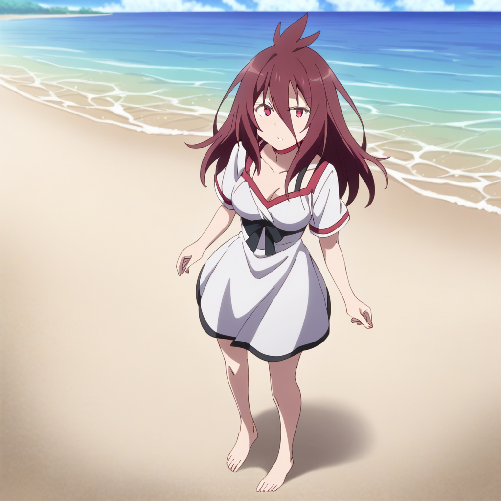 score_7_up, 1girl, long hair, breasts, brown hair, red eyes,hair between eyes, medium breasts, red hair, short sleeves, collarbone, barefoot, bare legs, summer dress, white dress, <lora:The_Asterisk_Wars_Urzaiz_Irene:1> <lora:add-detail-xl:0.5>
standing, full body, looking at viewer,
beach, ocean,