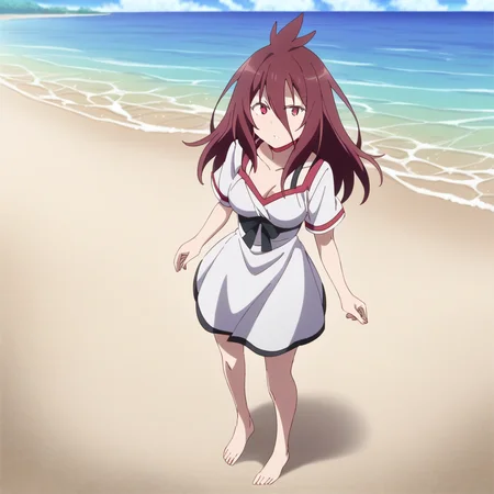 score_7_up, 1girl, long hair, breasts, brown hair, red eyes,hair between eyes, medium breasts, red hair, short sleeves, collarbone, barefoot, bare legs, summer dress, white dress, <lora:The_Asterisk_Wars_Urzaiz_Irene:1> <lora:add-detail-xl:0.5>
standing, full body, looking at viewer,
beach, ocean,