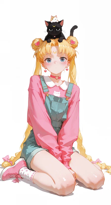 masterpiece,best quality,amazing quality, tsukino usagi, 1girl, solo, long hair, looking at viewer, blush, blue eyes, shirt, blonde hair, long sleeves, hair ornament, white background, bow, closed mouth, jewelry, very long hair, sitting, twintails, full body, braid, heart, hair bow, earrings, shoes, choker, socks, puffy sleeves, hair bun, star \(symbol\), twin braids, parted bangs, double bun, animal, facial mark, wariza, cat, pink bow, crescent, between legs, pink shirt, hand between legs, forehead mark, pink footwear, heart hair ornament, on head, overalls, animal on head, heart earrings, pink sweater, heart choker, dot mouth, heart o-ring, crescent facial mark, cat on head, overall shorts, heart collar, overall skirt, dino_(dinoartforame),
tianliang duohe fangdongye, <lora:illustriousXL_stabilizer_v1.23:0.3> <lora:NOOB_vp1_detailer_by_volnovik_v1:0.3> <lora:ponyv6_noobE11_2_adamW-000017:0.3> <lora:96YOTTEA-WAI:0.5> <lora:dino_dinoartforameILL:0.8>