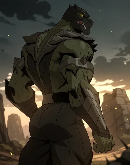 <lora:Reptile_(Mortal_Kombat_Legends_Scorpion's_Revenge)_(Illustrious)_(AD):1> Reptile_MK, muscular, Mortal Kombat,
dutch angle, exterior, monumental architecture, wasteland, dark night sky with black clouds, mountains, ancient Asian stone ruins,
male focus, gradient coloring, villain, cowboy shot, hyper muscular, side view, butt,
BREAK very awe, aesthetically pleasing, masterpiece, best quality, amazing quality, very aesthetic, perfect depth of field shot, in'ei, source_furry, furry_art,
Smooth Quality, lazympos, IllustQualXL_Pos,
