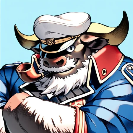 score_9, score_8_up, score_8, furry, Ahab, bovine, horns, facial hair, hairy, eye scar, cartoon style, 2d, overweight male, big belly, solo, upper body focus, captain hat, pipe in mouth, looking at viewer, smile, arms crossed, uniform, light blue background