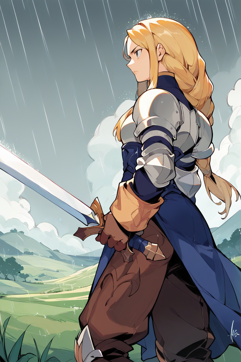 score_9, score_8_up, score_7_up, score_6_up, source_anime, 1girl BREAK  <lora:agrias-pdxl-nvwls-v1-000005:1> agrias, blonde hair, braided ponytail, shoulder armor, armor, corset, brown pants, brown gloves, knee pads, boots, holding sword, rain, gray sky, monastery, field, serious