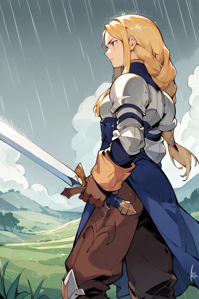 score_9, score_8_up, score_7_up, score_6_up, source_anime, 1girl BREAK <lora:agrias-pdxl-nvwls-v1-000005:1> agrias, blonde hair, braided ponytail, shoulder armor, armor, corset, brown pants, brown gloves, knee pads, boots, holding sword, rain, gray sky, monastery, field, serious