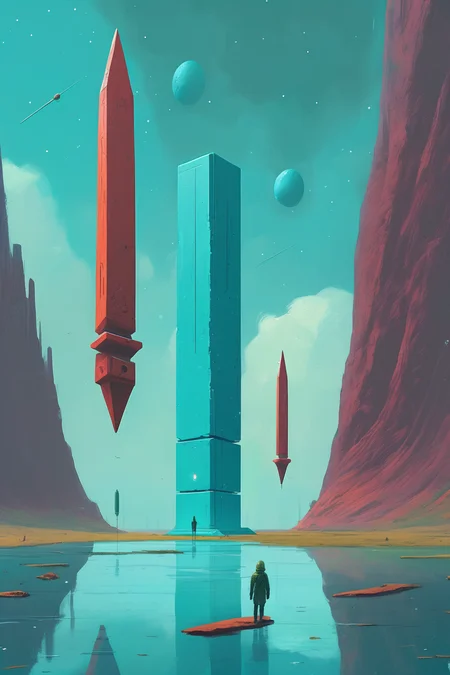 <lora:Christopher Balaskas Style:1>Christopher Balaskas Style - floating obelisks in space, monoliths in the style of Simon Stalenhag