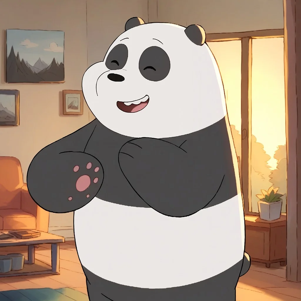 score_9, score_8_up, score_7_up, panpan, anthro, furry male, solo, panda bear, black fur, white fur, two-tone fur, black nose, dot eyes, paw pads, standing, happy, indoors, living room