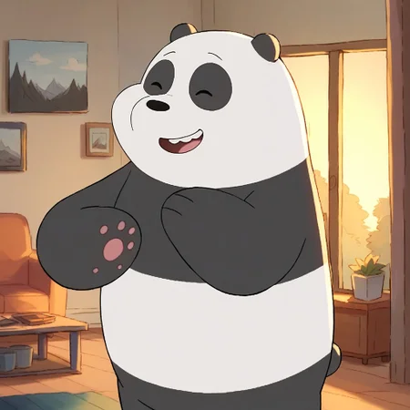 score_9, score_8_up, score_7_up, panpan, anthro, furry male, solo, panda bear, black fur, white fur, two-tone fur, black nose, dot eyes, paw pads, standing, happy, indoors, living room