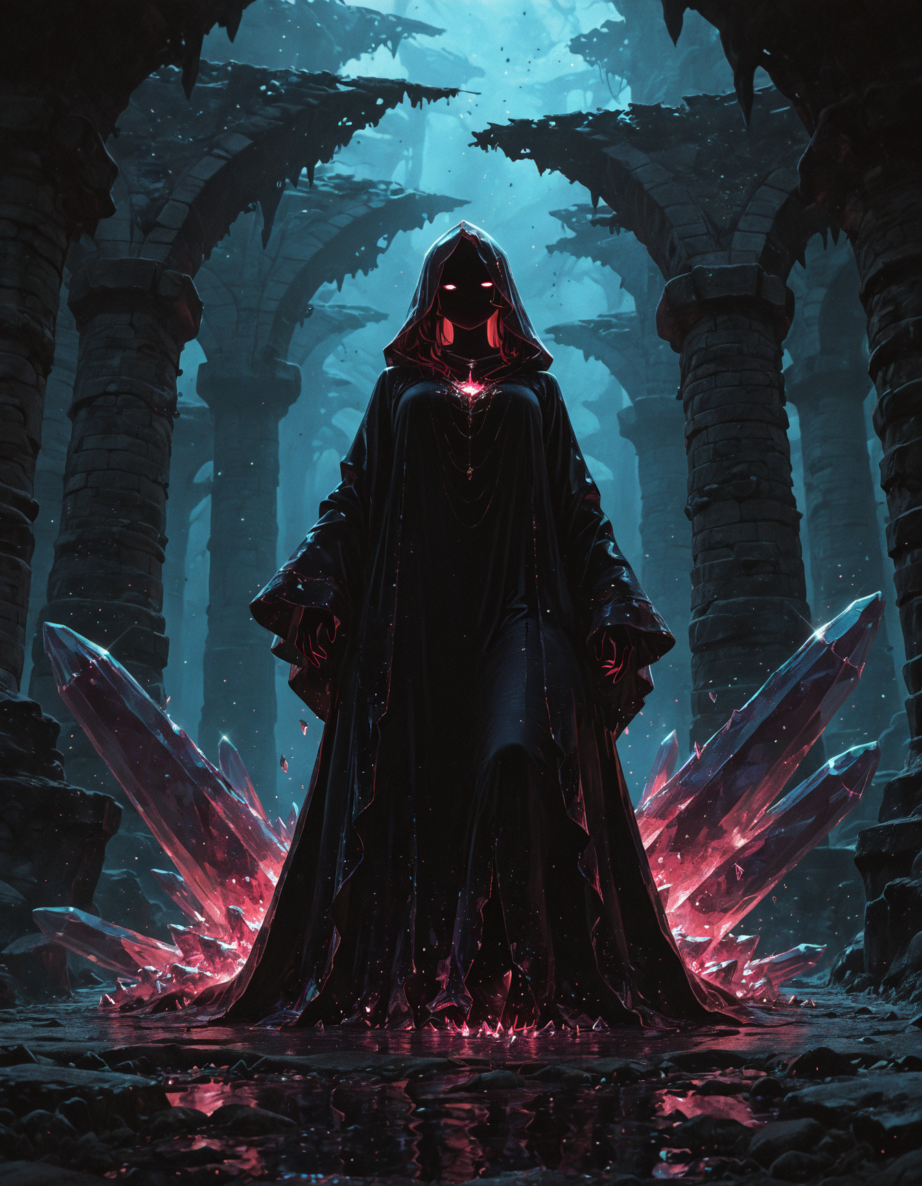 masterpiece, best quality, amazing quality, <lora:DarkFantasy_v3_Buns:0.55>, Shard Mage, crystalline robes, sharp glowing shards, hovering crystalline constructs, fractured landscape, masterpiece, best quality, amazing quality