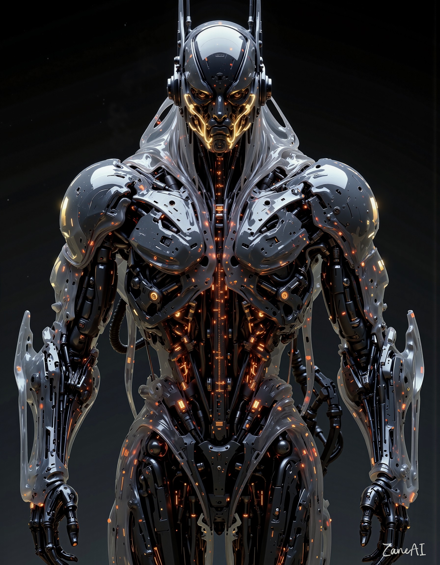 A hyper-realistic mercenary android. Its body is constructed from overlapping transparent resin plates, exposed servos, braided cables, and twitching fiber bundles. The outer frame is partially encased in a translucent resin exoskeleton, revealing the layered anatomy of its internal mechanics—glowing energy conduits and tension pistons beneath the surface.