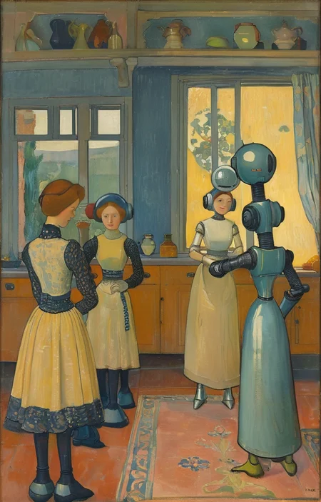 masterpiece,best quality,<lora:tbh380-sdxl:0.6>,illustration,style of Maurice Denis portrait of Housework robots