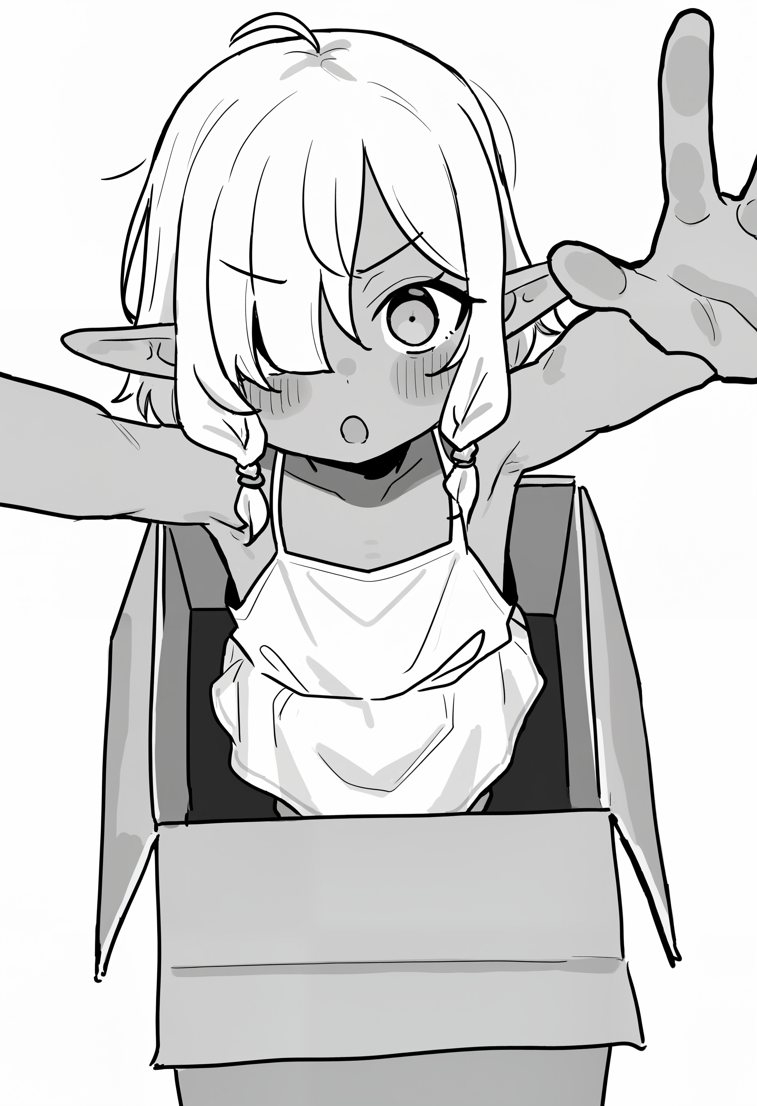 amazing quality, newest, absurdres, hires, monochrome, white background,  1girl, solo, white sundress, elf ears, dark skin, medium hair, side braids, hair over one eye, :o, blush, v-shaped eyebrows, arms up, from above, reaching towards viewer, uppies, standing on box, face focus,   <lora:barbarian_tk>