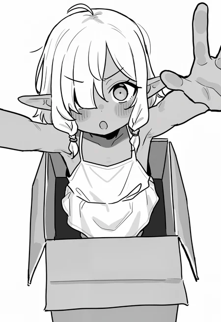 amazing quality, newest, absurdres, hires, monochrome, white background, 1girl, solo, white sundress, elf ears, dark skin, medium hair, side braids, hair over one eye, :o, blush, v-shaped eyebrows, arms up, from above, reaching towards viewer, uppies, standing on box, face focus, <lora:barbarian_tk>