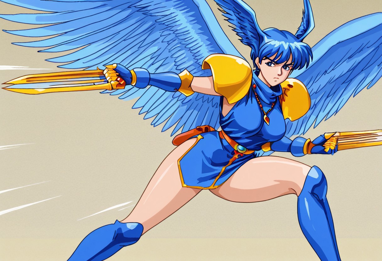 anime screencap, denjin makai, guardians, zeldia, 1girl, solo, blue hair, short hair, blue eyes, serious expression, angel, large wings, feathered wings, fantasy armor, blue outfit, golden pauldrons, armored gloves, thigh-high boots, detailed shading, blue and gold armor, dash attack, side-scrolling, blue-haired girl, clawed weapon, aerial attack,  classic arcade aesthetics, animation sequence, fast movement, dynamic pose, claw attack, blue and gold armor