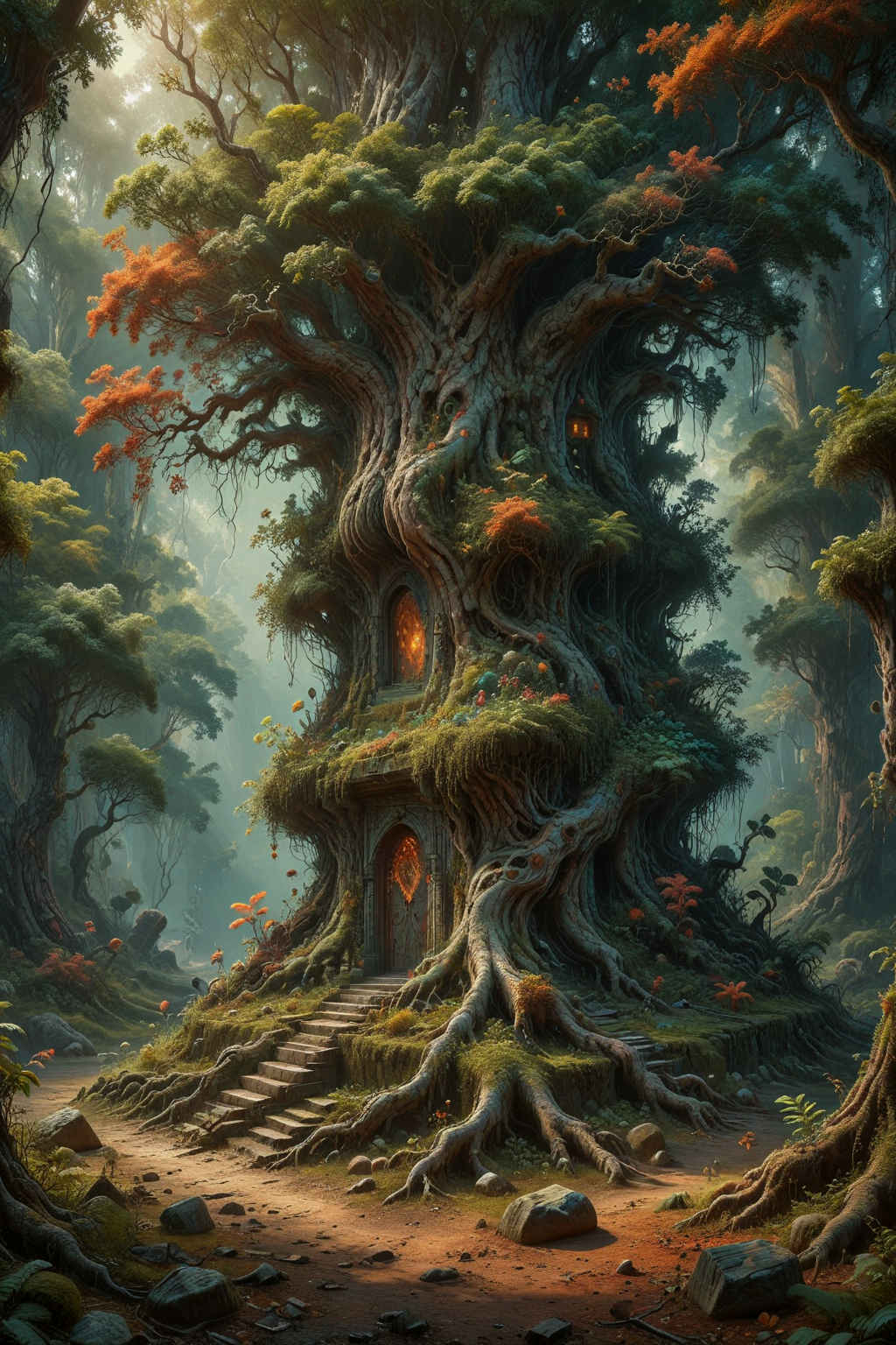 ancient marble altar in fairy forest, random beautiful jungle, knotted roots, vibrant colors, gnarled trees, fractal lush vegetation, natural sunlight, intricate details, realistic digital art, colorfully, photo, cinematic, <lora:Simon Stalenhag:0.65>, Simon Stålenhag Style, <lora:add-detail-xl:0.5>, <lora:xl_more_art-full_v1:0.3>, ral-dissolve, <lora:ral-dissolve:0.7>, intricate details, masterpiece, best quality,  <lora:high_contrast_detailed_anime:0.9>