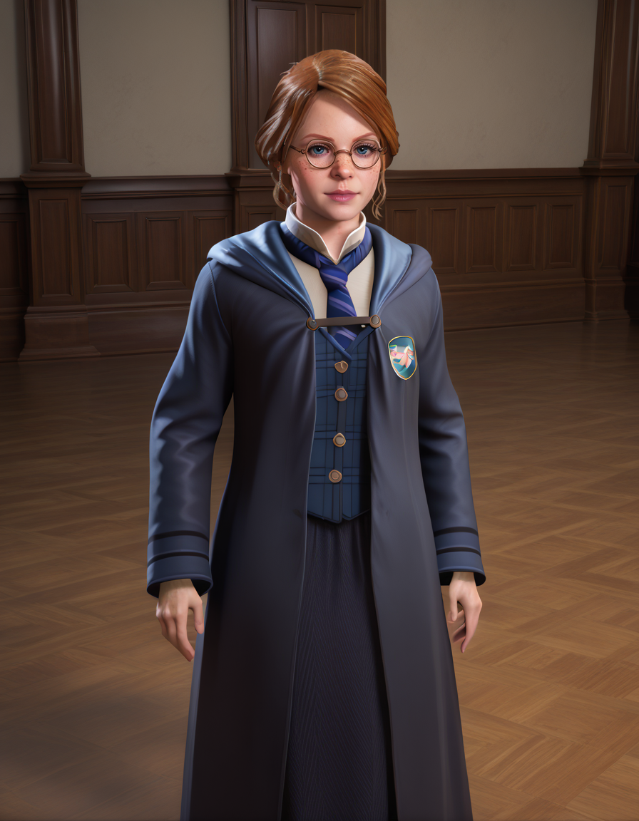 Masterpiece, high-res, 2k, best quality, realistic, 3d, anastasiahw , glasses, freckles , hwuniform  <lora:anastasiahw_pony-000037:1> Standing with hands on the hips leaning slightly backward
