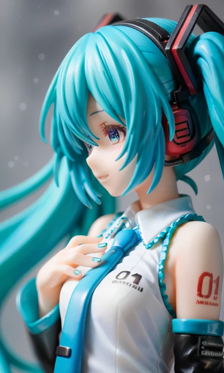 1girl,hatsune miku,vocaloid,aqua hair,blue hair,blurry,blurry background,closed eyes,from side,hair between eyes,hair ornament,headphones,long hair,parted lips,portrait,profile,rain,solo,twintails,backlighting,sleeveless,tattoo,looking afar,hand on own chest,arm at side,light particles,grey background,multicolored hair,bare shoulders,multicolored eyes,shaded face,colorful,tareme,shirt,headset,white shirt,eyelashes,blue nails,light smile,aqua nails,gradient hair,depth of field,smile,number tattoo,necktie,floating hair,upper body,blue theme,detached sleeves,hand up,sleeveless shirt,aqua necktie,collared shirt,close-up,, , score_9,score_8_up,score_7_up,source_anime,photo background,the real background,