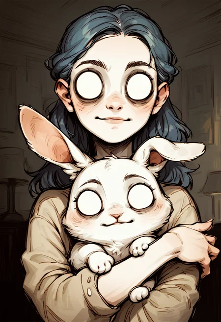 1girl, girl with blue hair, hugging white rabbit, e-girl, (slight smile:0.35), upper body shot, muted colors, looking at viewer, indoor, blank eyes, (bedroom:1.2), dontstarvestyle, <lora:DontStarveStyle_Pony_V2_con_b2_32:1>, score_9, score_8_up, score_7_up,