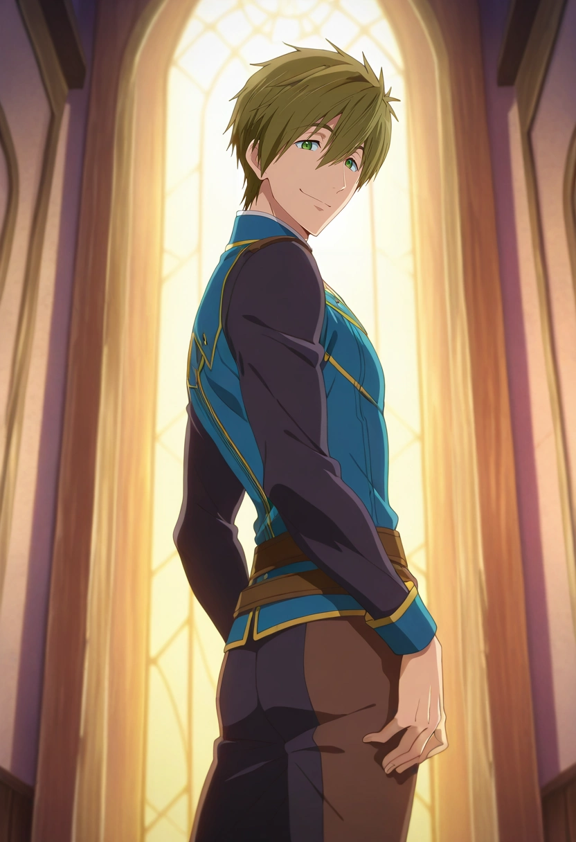 masterpiece, best quality, , anime screencap, anime coloring, official style, looking at viewer, 1boy, solo, male focus, <lora:makoto_tachibana_ilxl:0.96>, makoto_tachibana, brown hair, green eyes, hair between eyes, tachibana makoto, wide angle, wide shot, cowboy shot, fantasy land, light, twisted torso, smirk,
