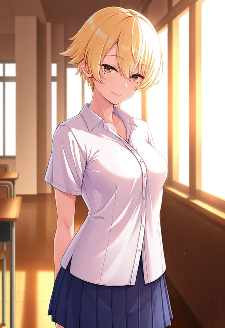 masterpiece, best quality, amazing quality, 1girl, solo, cowboy shot, nanamiww, brown eyes, blonde hair, short hair, hair between eyes, medium breasts, mole under eye, school uniform, collared shirt, short sleeves, pleated skirt, looking at viewer, smile, indoors, day, skindentation, detailed clothing folds, depth of field, sharp, high contrast, dynamic light <lora:Nanami_Niwasaki_Poolside_ill_v21:0.9>