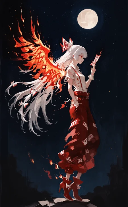 masterpiece, best quality, amazing quality, fujiwara no mokou, 1girl, solo, long hair, shirt, red eyes, bow, white shirt, full body, white hair, grey hair, short sleeves, hair bow, teeth, wings, sky, shoes, collared shirt, pants, belt, hand up, from side, high heels, wrist cuffs, torn clothes, profile, night, moon, white bow, suspenders, feathers, fire, red footwear, star \(sky\), feathered wings, night sky, full moon, starry sky, flying, hand in pocket, ofuda, red pants, torn shirt, baggy pants, footwear bow, torn sleeves, ofuda on clothes, fiery wings, phoenix, traditional media, monochrome, painting \(medium\), watercolor \(medium\), graphite \(medium\),
, fuyumur4s4ki_illu <lora:ppw_v7_noobEv1.1:0.8> <lora:mon_monmon2133:0.5> <lora:fuyumur4s4ki_style:0.7>